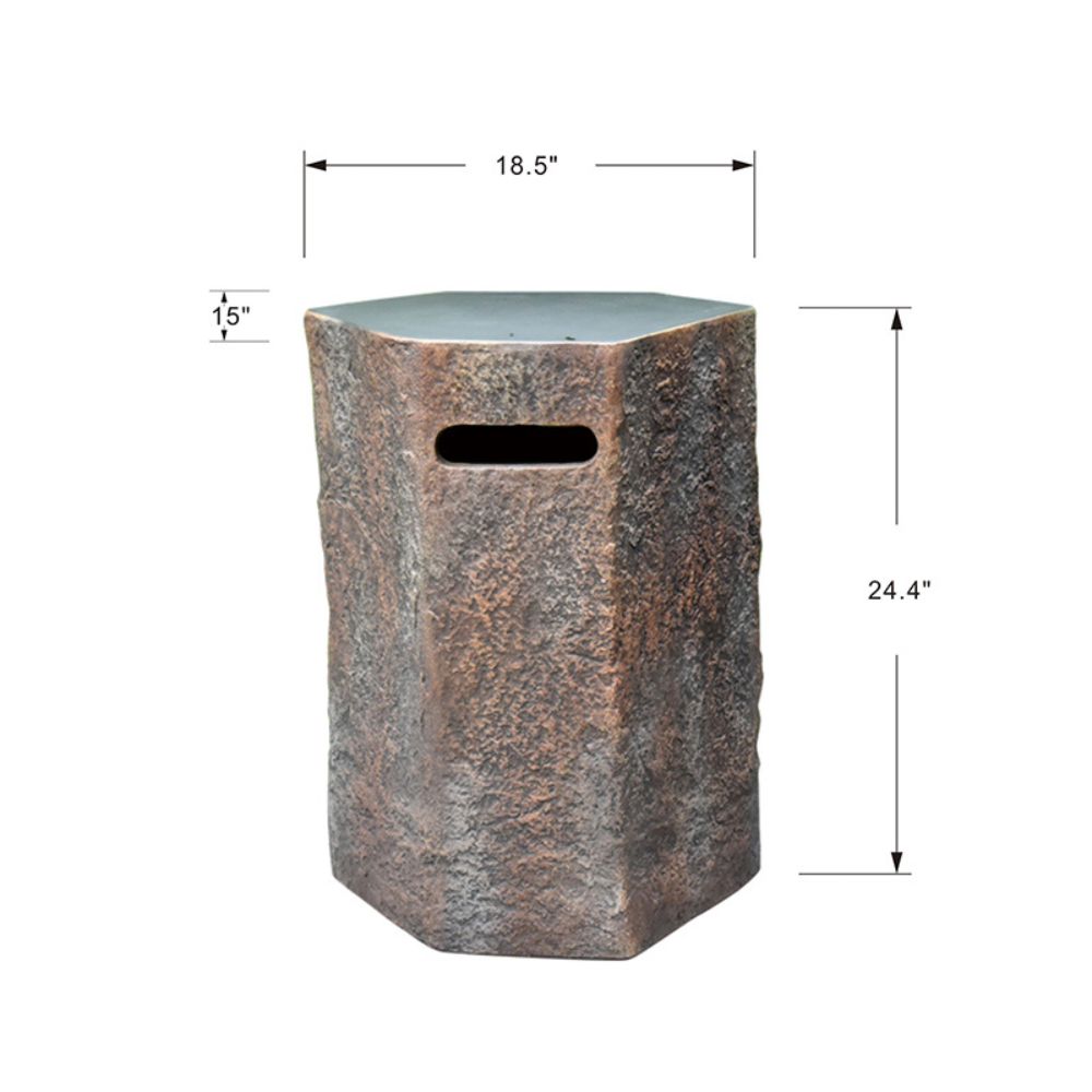 Hexagonal stone-patterned side table with dimensions on a white background