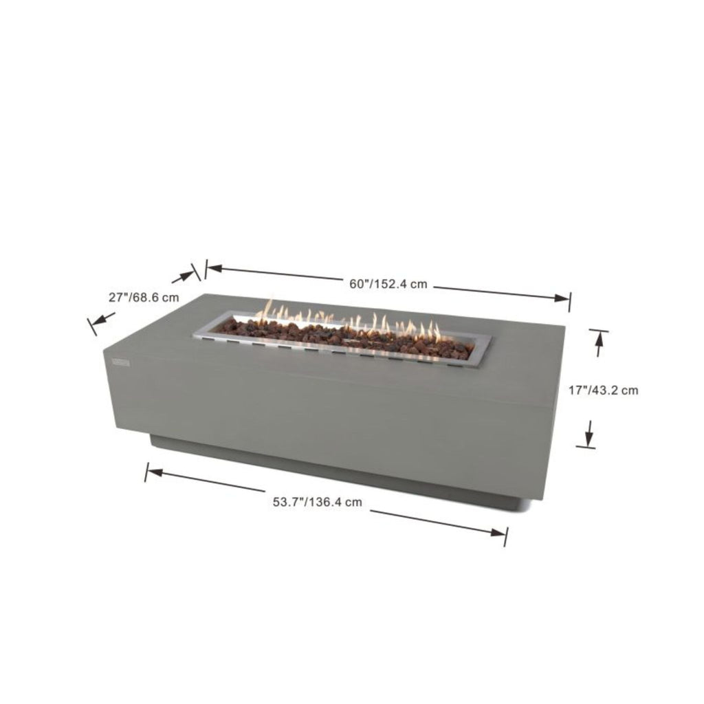 Outdoor rectangular fire pit table with dimension annotations showing 60 inches by 27 inches by 17 inches, featuring a gray metal body and visible flames with rocks inside.