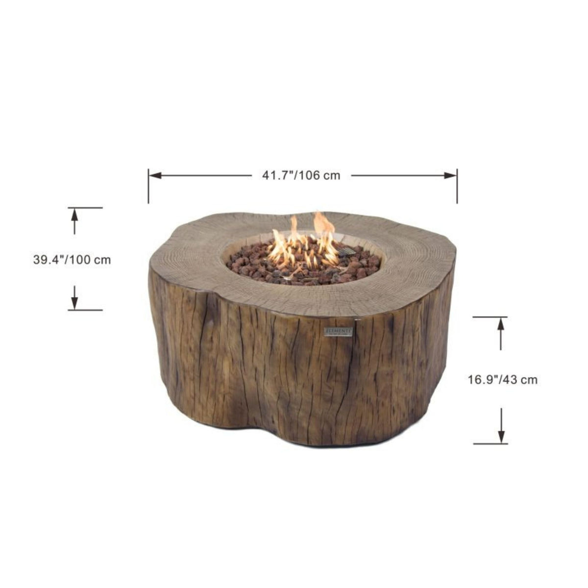 A round fire pit table designed to look like a natural tree stump, shown with dimension lines and labels indicating its height of 39.4 inches (100 cm) and depth of 16.