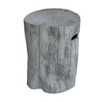 A cylindrical side table or stool designed to look like a weathered gray tree stump, featuring a faux wood grain texture and a small cutout handle on the side, shown against a plain white background.