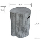 A gray faux wood log side table or stool with dimension labels showing 19.7 inches across the top, 18.