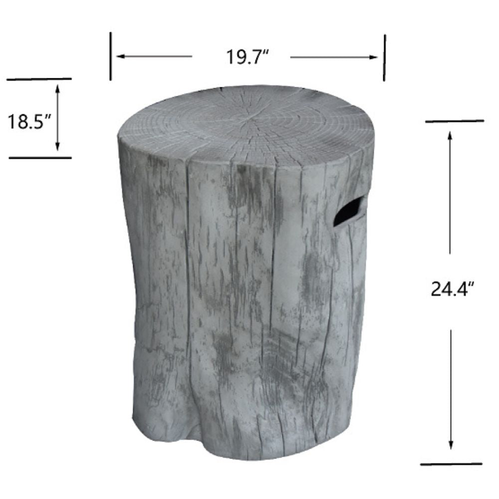 A gray faux wood log side table or stool with dimension labels showing 19.7 inches across the top, 18.