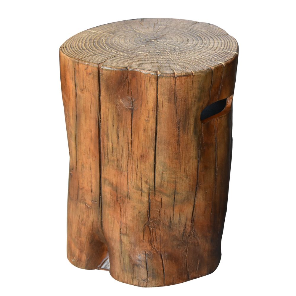 Wooden stool made from a tree stump on a white background