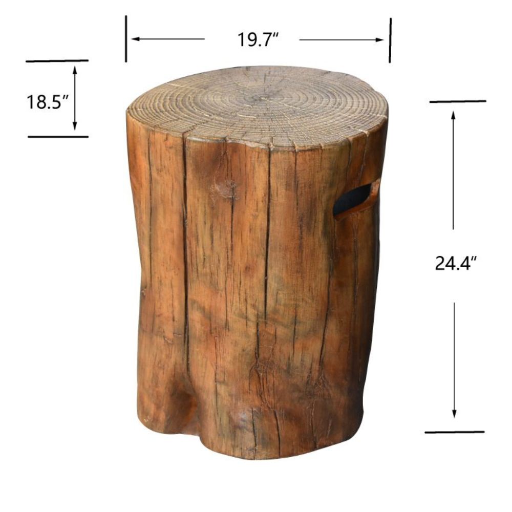 A rustic log-shaped stool with a natural wood grain finish, shown with dimension lines and measurements indicating 19.7 inches across the top, 18.