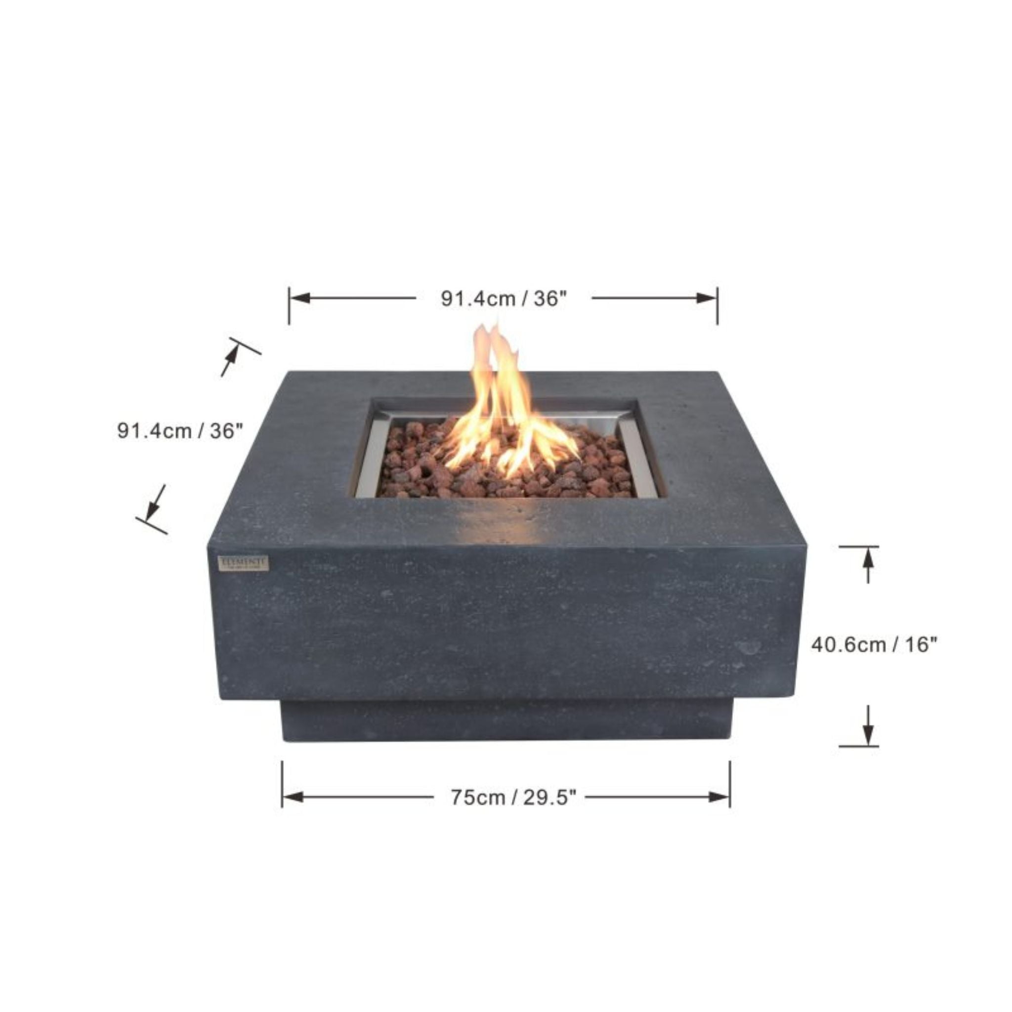 Fire pit with dimensions labeled on a white background