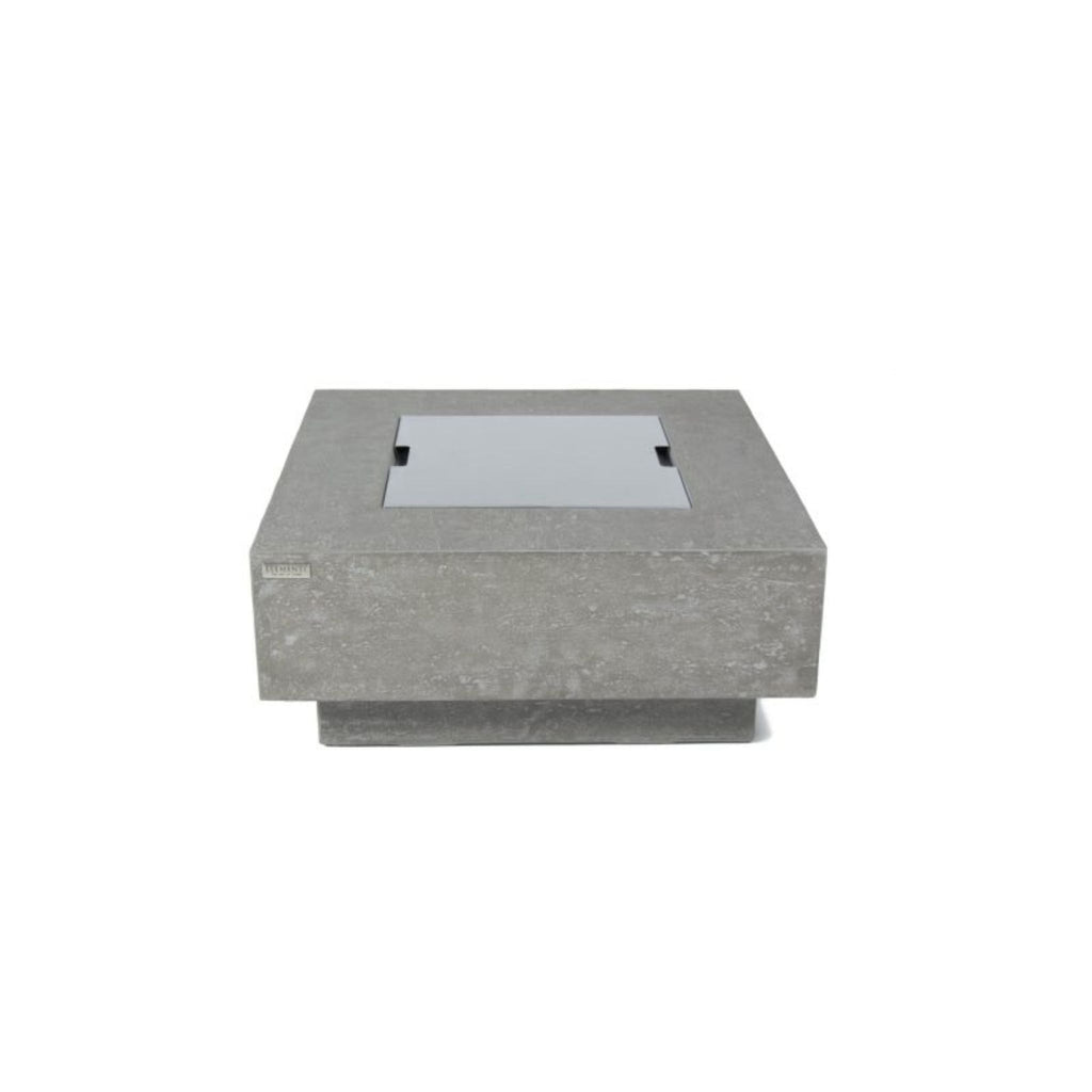 A square concrete fire pit table with a recessed glass wind guard, shown from a front-three-quarters angle on a solid white background.