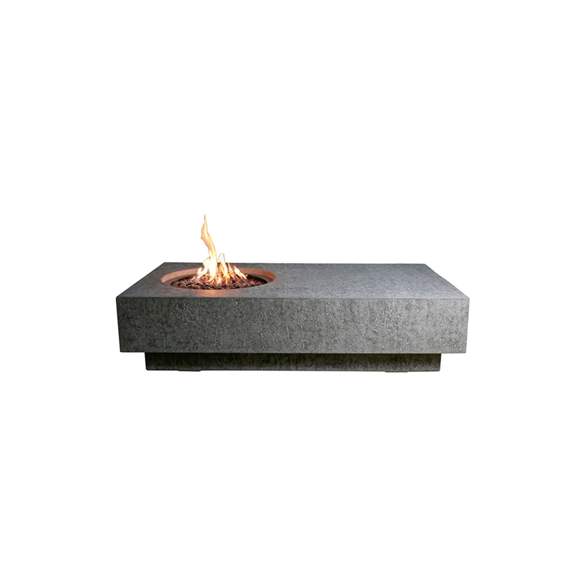 A rectangular gray stone fire pit table with a circular fire bowl and active flames, shown against a solid white background.