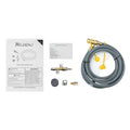 Modeno Natural Gas Conversion Kit with a gray coiled hose, brass fittings, yellow caps, a size measurement card, and instruction sheets on a white background.