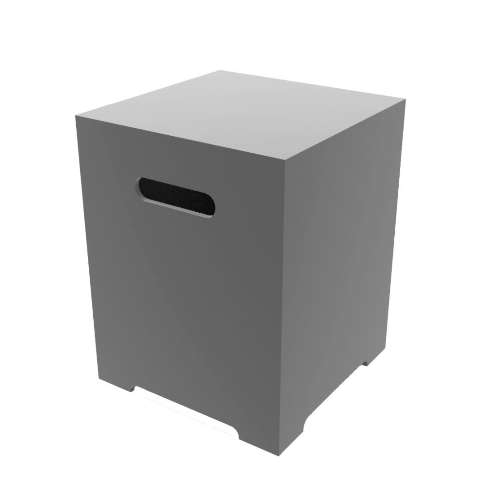 A modern gray wooden box with a cutout handle on the front, shown at a three-quarter angle on a plain white background.