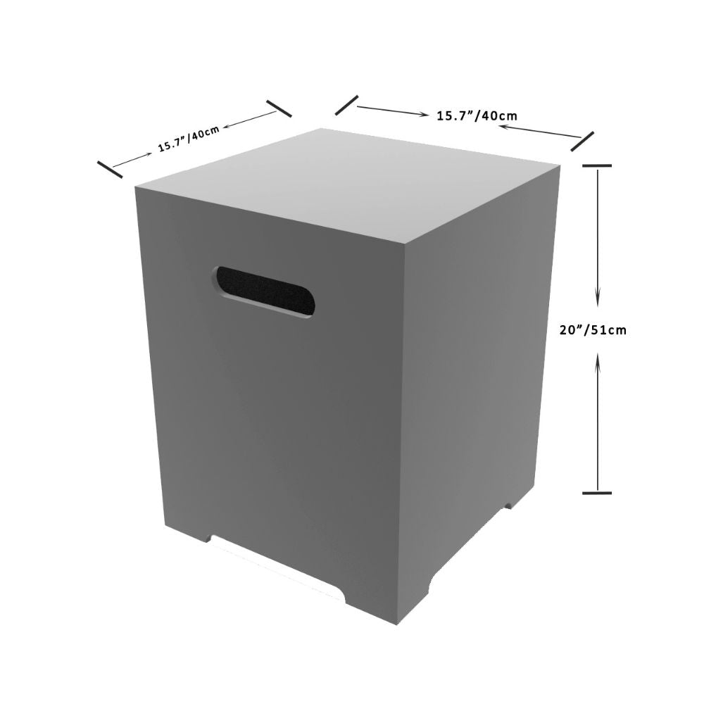 A gray cube-shaped storage box or utility bin with a handle cutout on the front, shown with dimension arrows and labels indicating 15.7 x 15.