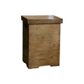 A rustic wooden chest or cabinet with three drawers, featuring a prominent oak wood grain pattern and a small side cutout, shown on a plain white background.
