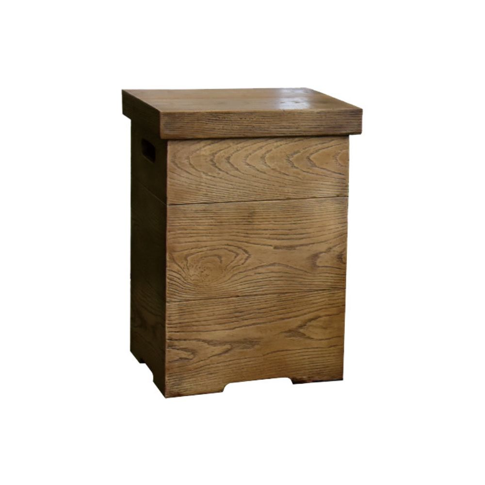A rustic wooden chest or cabinet with three drawers, featuring a prominent oak wood grain pattern and a small side cutout, shown on a plain white background.