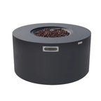 A round outdoor fire pit table with a dark charcoal gray metal body, a top fire bowl filled with dark brown embers, a front vent grille, and a small side label, shown on a plain white background.