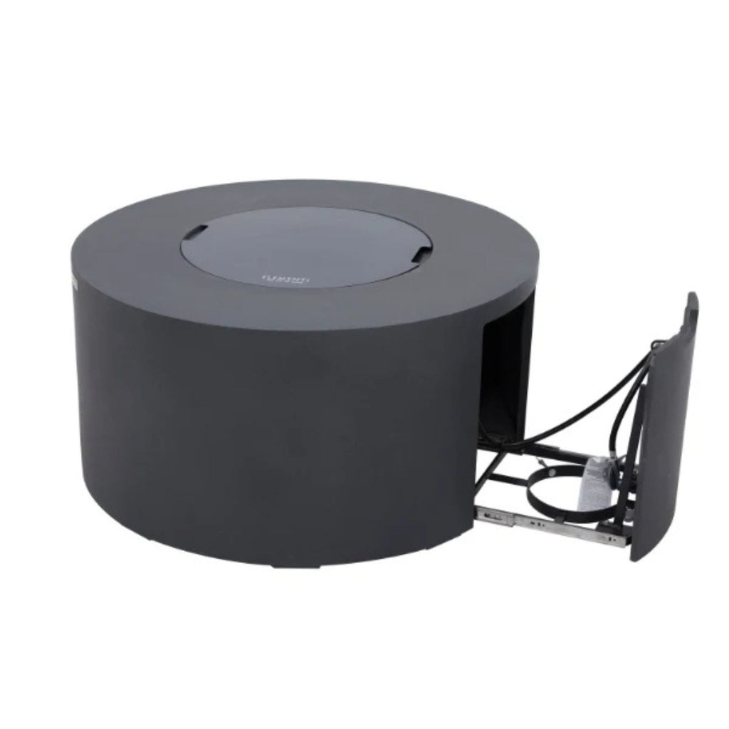 Black cylindrical speaker with a visible brand logo on a white background