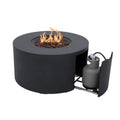 Round black fire pit table with gas tank and propane bottle on a white background