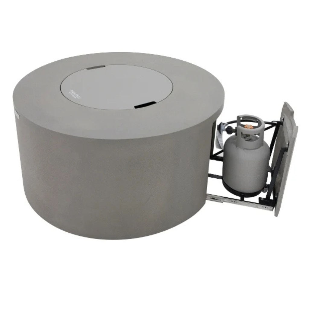 Round concrete fire pit with gas tank attachment on a white background