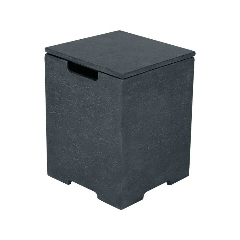 A dark charcoal gray rectangular storage box with a hinged lid and a recessed handle cutout, shown on a plain white background.