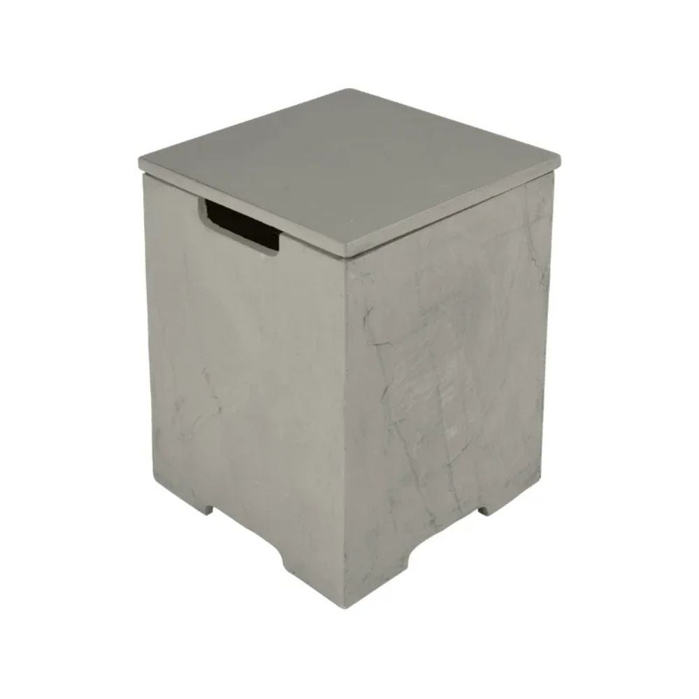 A square gray storage bin with a hinged lid and a recessed handle cutout on the front, shown on a plain white background.