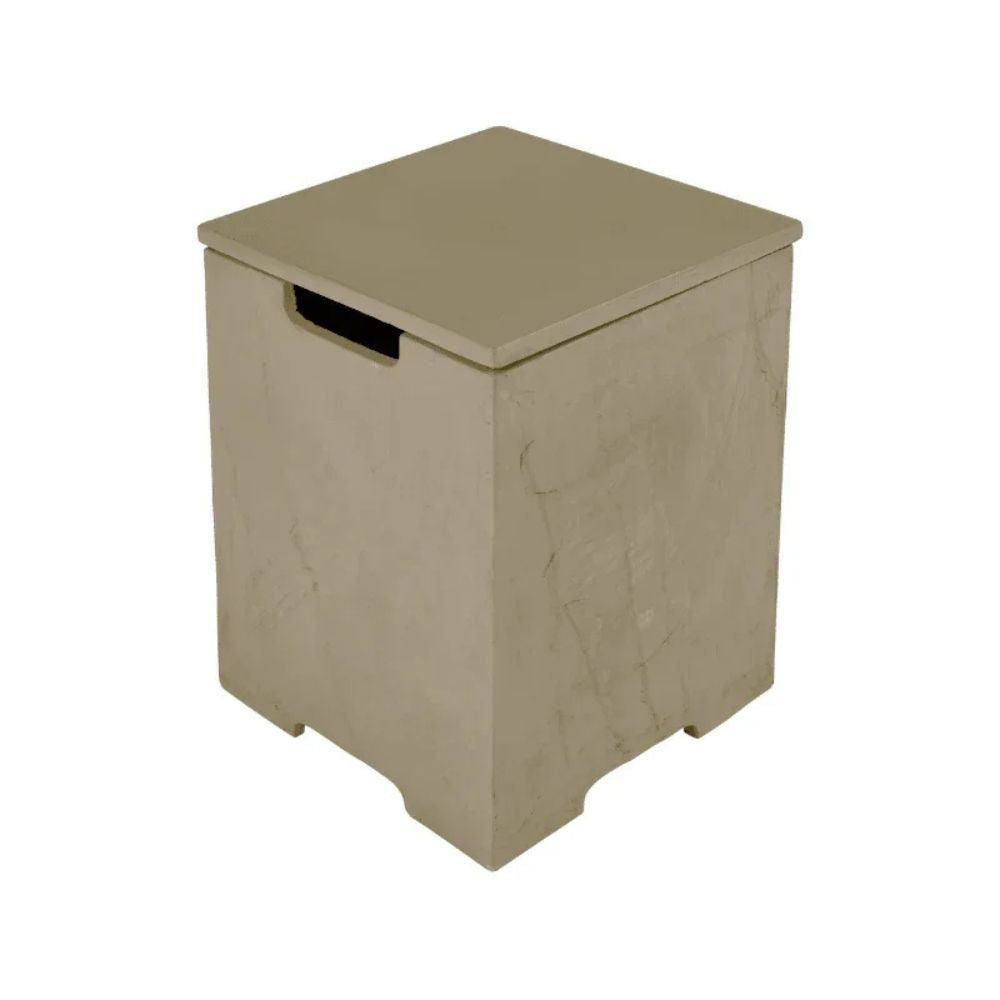 A square storage bin with a hinged lid, featuring a textured beige finish and a black handle cutout on the front, shown on a plain white background.