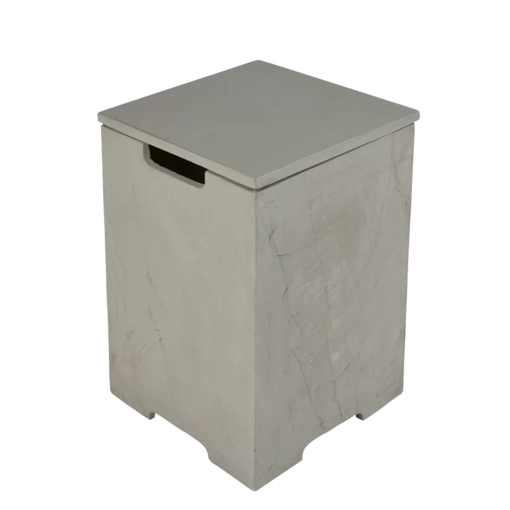A light gray storage bin with a textured marble-like finish and a recessed handle cutout on the front, shown on a plain white background.