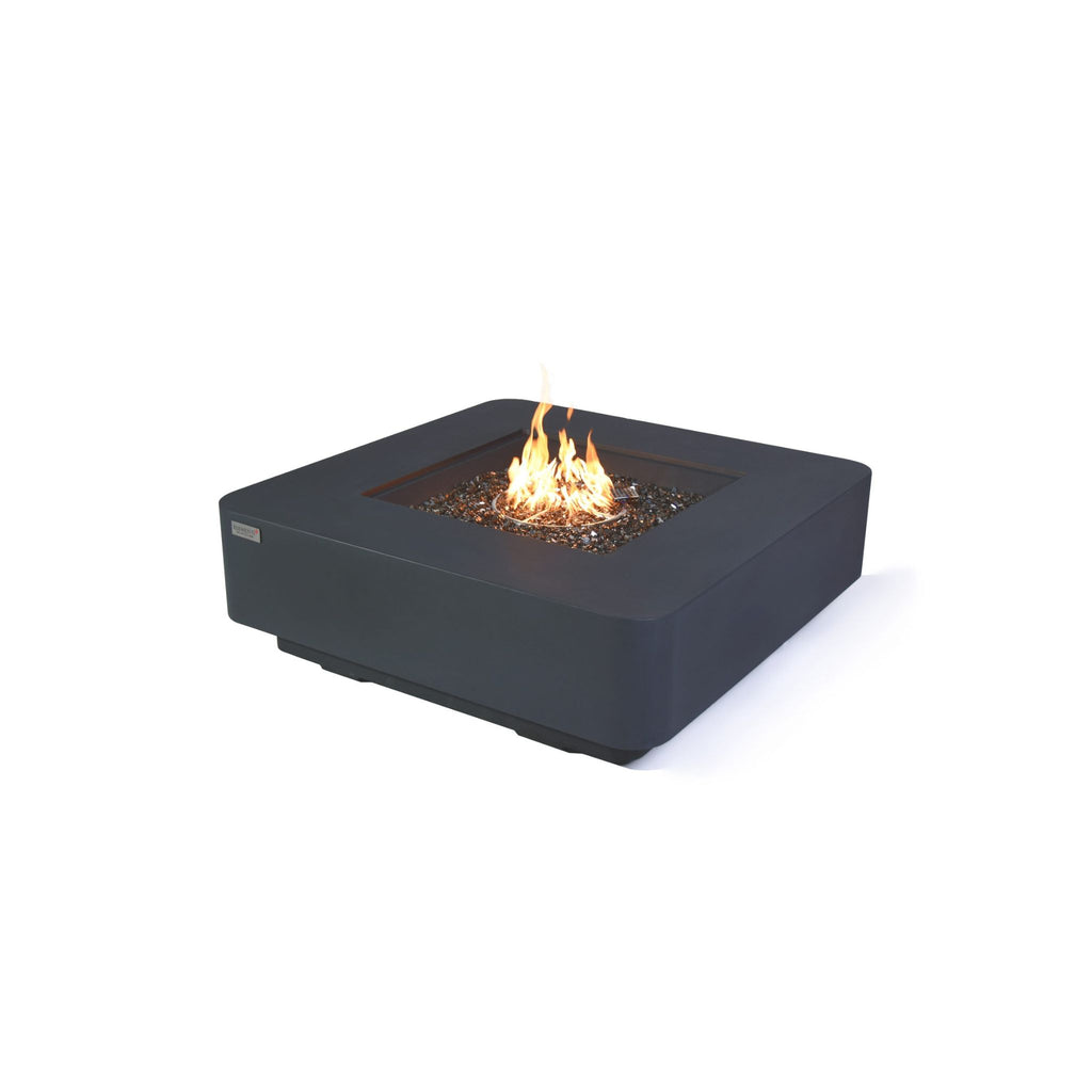 A square black outdoor fire pit with a glowing fire inside, shown on a clean white background.