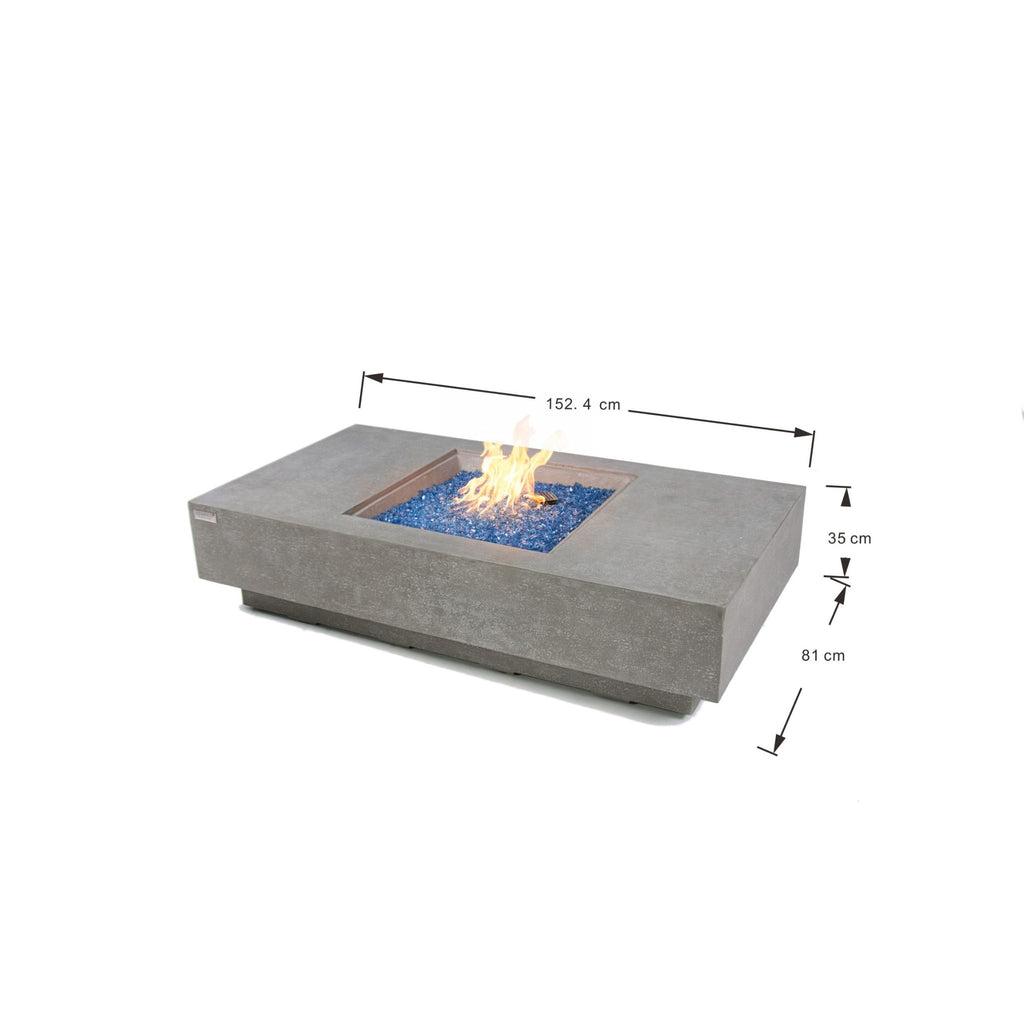 Concrete rectangular fire pit table with a square fire opening filled with blue glass stones and visible flames, shown on a white background with dimension arrows and measurements.