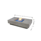 Concrete rectangular fire pit table with a square fire opening filled with blue glass stones and visible flames, shown on a white background with dimension arrows and measurements.