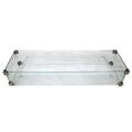 A rectangular glass shelf with two tiers supported by dark metal brackets at each corner, shown against a plain white background.