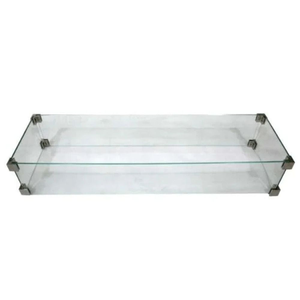 A rectangular glass shelf with two tiers supported by dark metal brackets at each corner, shown against a plain white background.