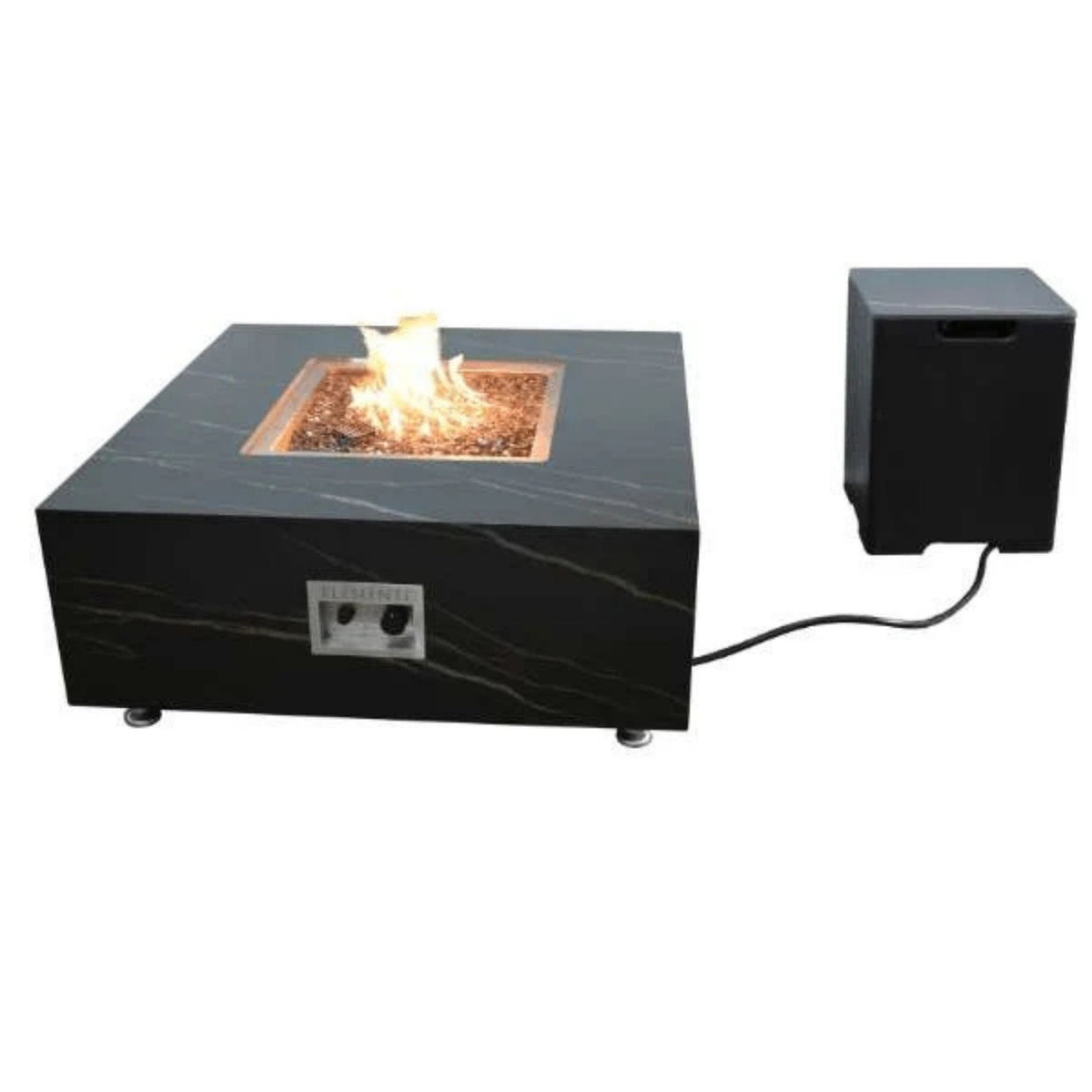 Square fire pit table with flames and a black square device on a white background