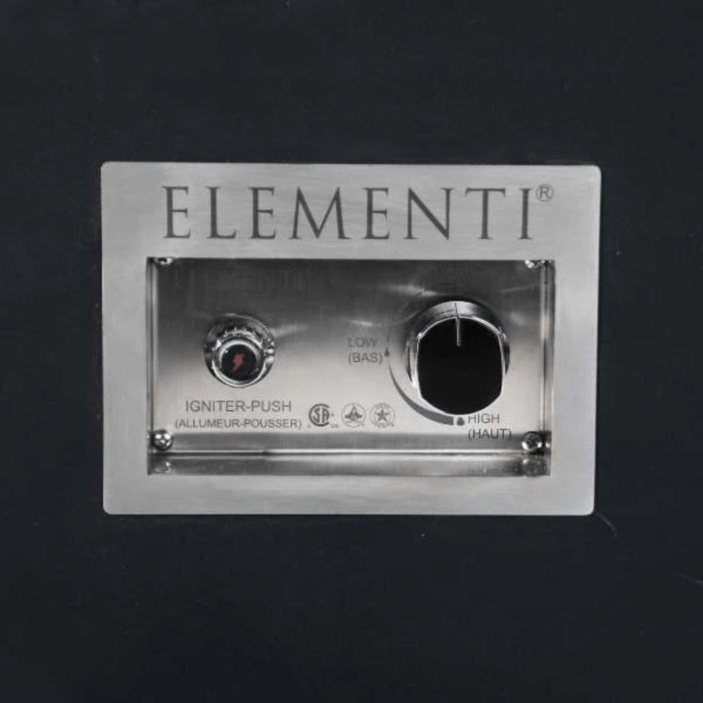 Elementi stainless steel control panel with two knobs and printed text on a black background.