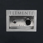 Elementi stainless steel control panel with two knobs and printed text on a black background.