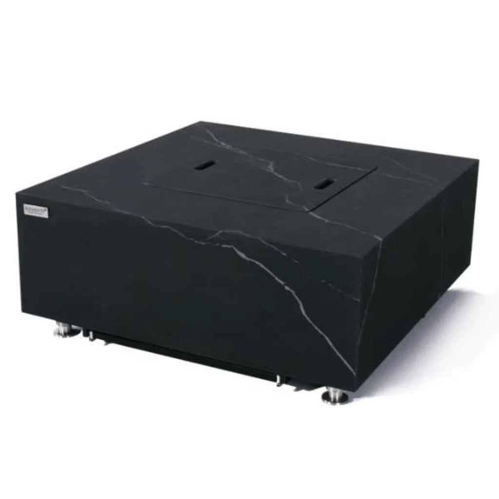 Black stone-patterned outdoor fire pit table on a white background