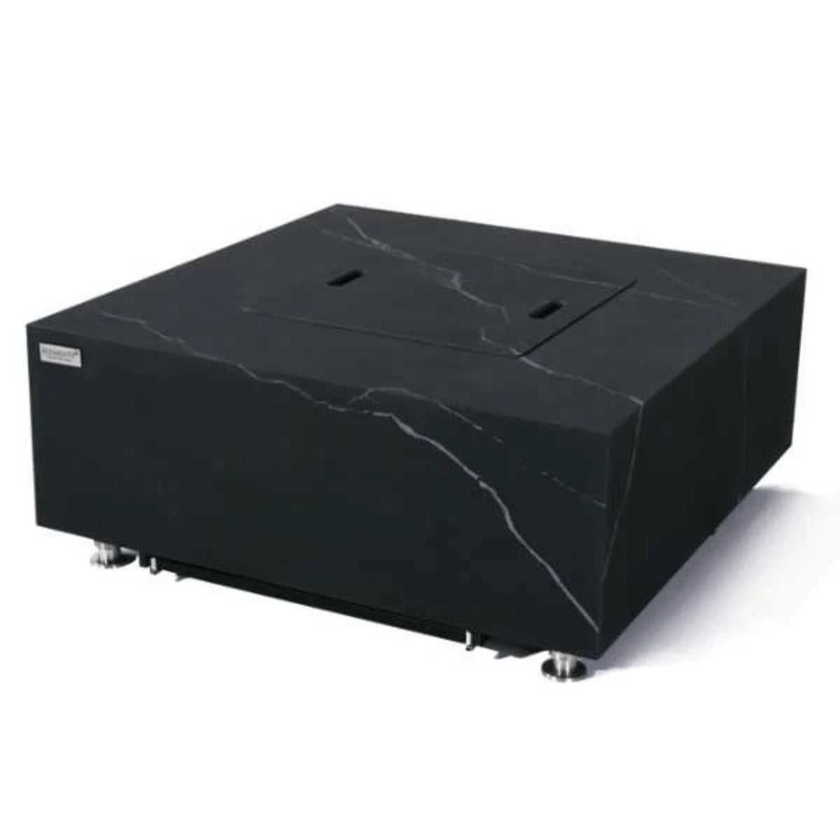 Black stone-patterned outdoor fire pit table on a white background