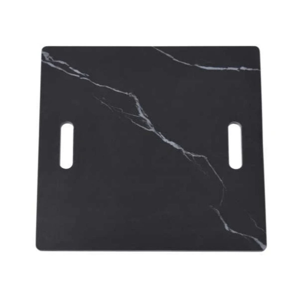 A square black marble-patterned wall plate or cover with two vertical cutouts, shown on a plain white background.