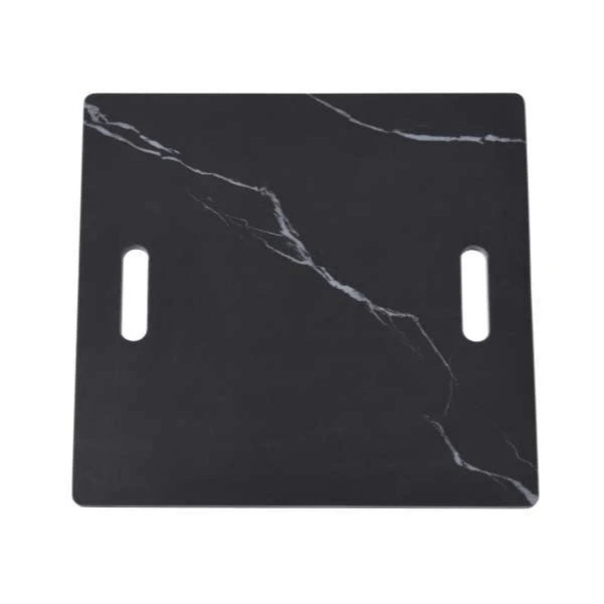 A square black marble-patterned wall plate or cover with two vertical cutouts, shown on a plain white background.