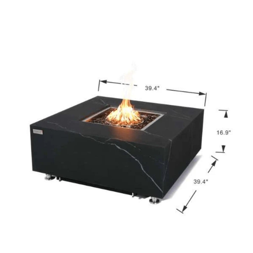 Black fire pit table with measurements on a white background