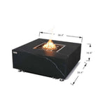 Black fire pit table with measurements on a white background