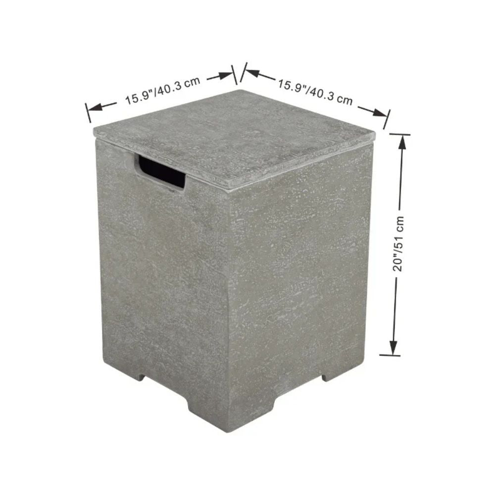 A gray textured outdoor storage bin with a handle cutout, shown with dimension lines and measurements indicating 15.9 inches by 15.