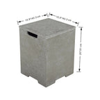A gray textured outdoor storage bin with a handle cutout, shown with dimension lines and measurements indicating 15.9 inches by 15.