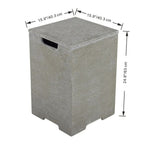 A gray concrete-textured storage bin with a lid and side handle, shown with dimension arrows and measurements on a white background.