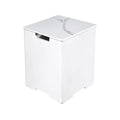 White cube-shaped side table with a marble-patterned top on a white background