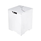 White cube-shaped side table with a marble-patterned top on a white background