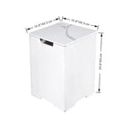A white rectangular storage bin or trash can with a lid, shown on a white background with dimension arrows and labels indicating 15.9 inches by 15.