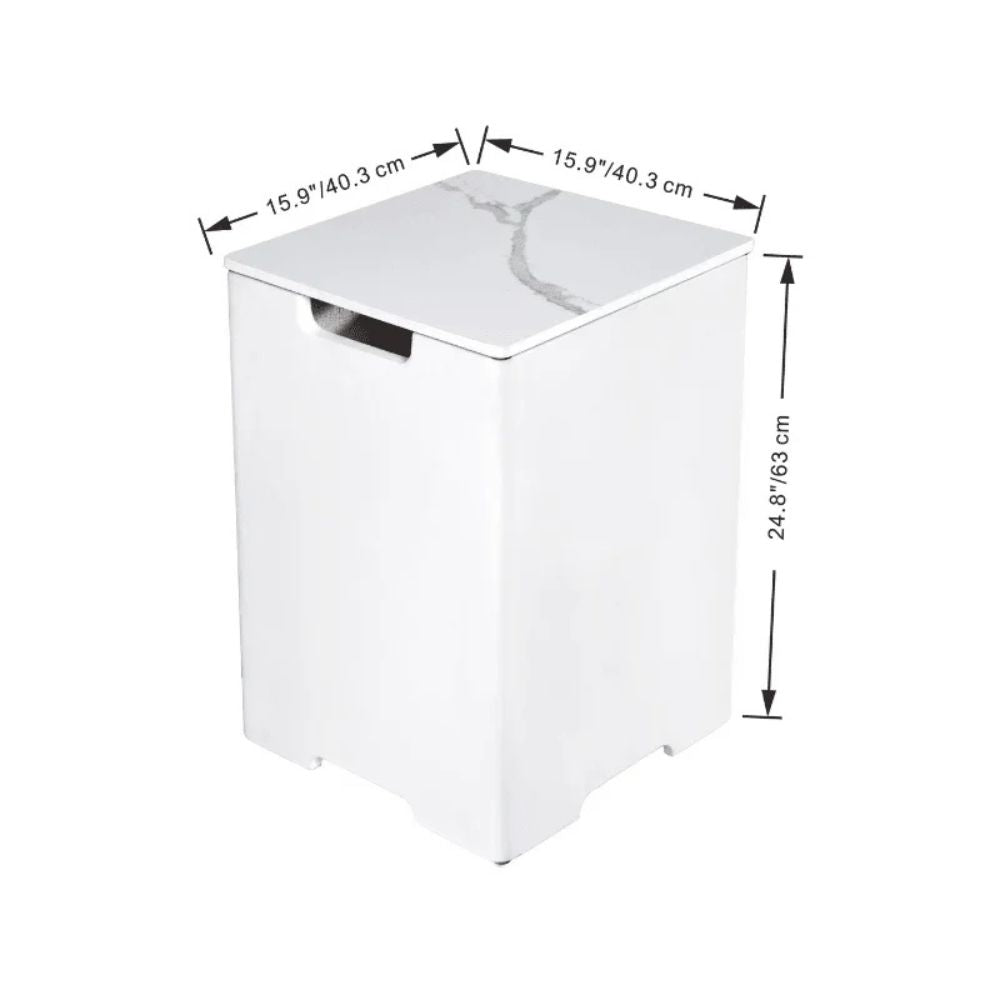 A white rectangular storage bin or trash can with a lid, shown on a white background with dimension arrows and labels indicating 15.9 inches by 15.