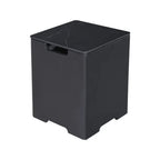 Black rectangular storage bin with lid on a white background