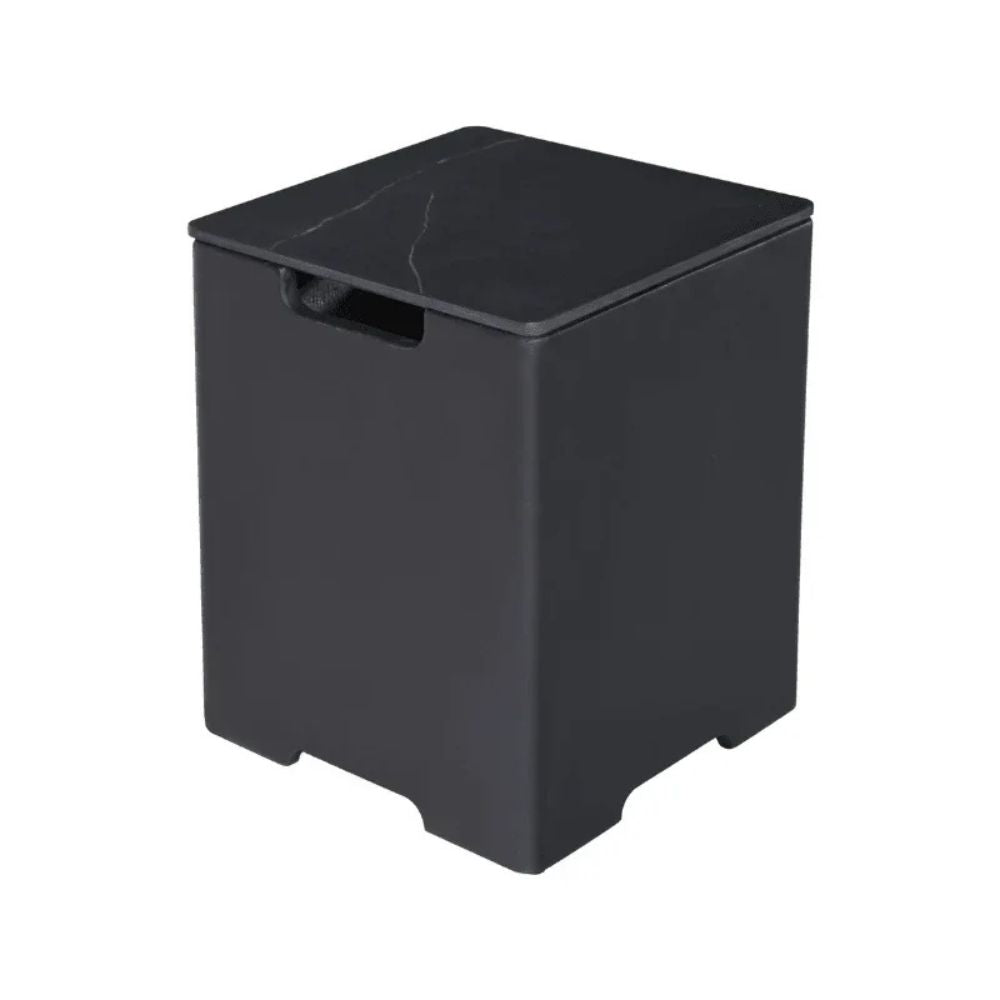 Black rectangular storage bin with lid on a white background