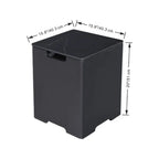 Black rectangular storage box with dimensions indicated on a white background