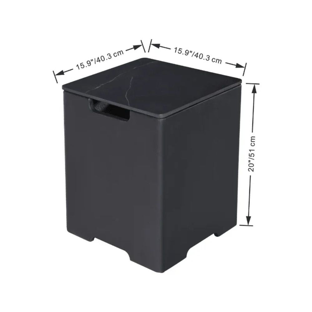 Black rectangular storage box with dimensions indicated on a white background