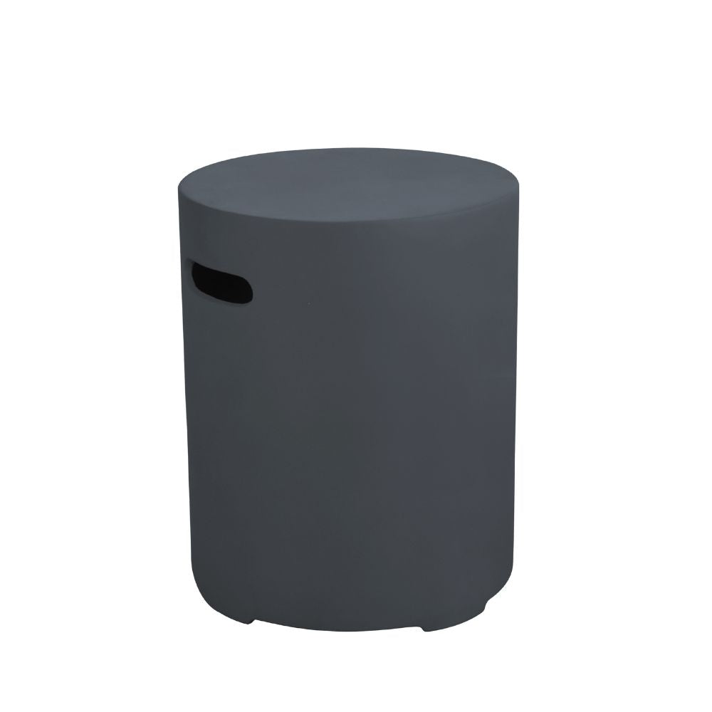 A dark gray cylindrical side table or stool with a cutout handle on the side, shown against a plain white background.